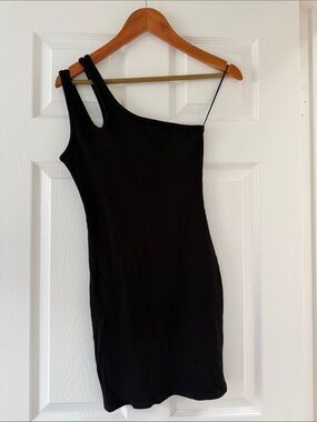Asymmetrical One-Shoulder Black Rib Knit Dress